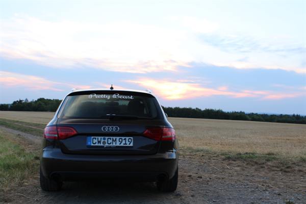 Audi Kombi von hinten vor einem Feld im Sonnenuntergang